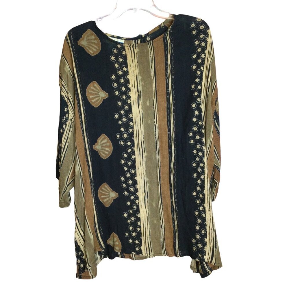 Vintage WAVES Rayon Tunic Top Made In India Seashell Stripes Size L